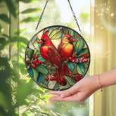 Cardinal Suncatcher: Red Birds on Branch, Faux Stained Glass Window Decor